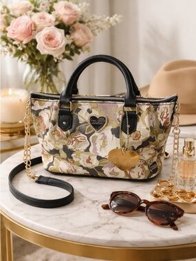 Betsey Johnson Pinch Satchel Xbody Olive Floral Gold Heart Charm